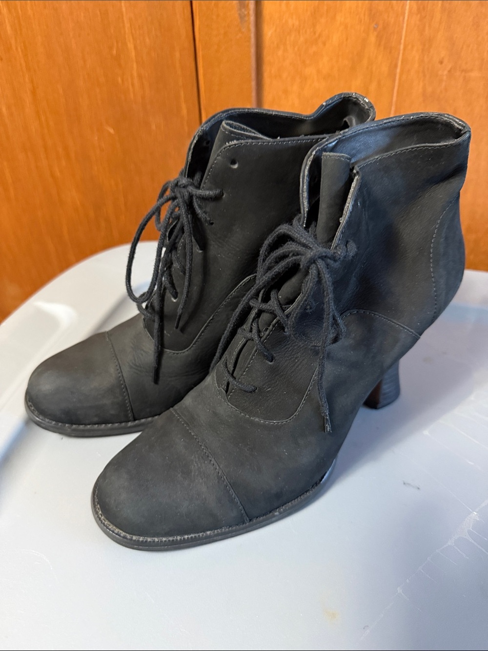 Black Leather granny Boots Lace-Up Heeled Ankle Boots Wild Pair 4” heel 10B